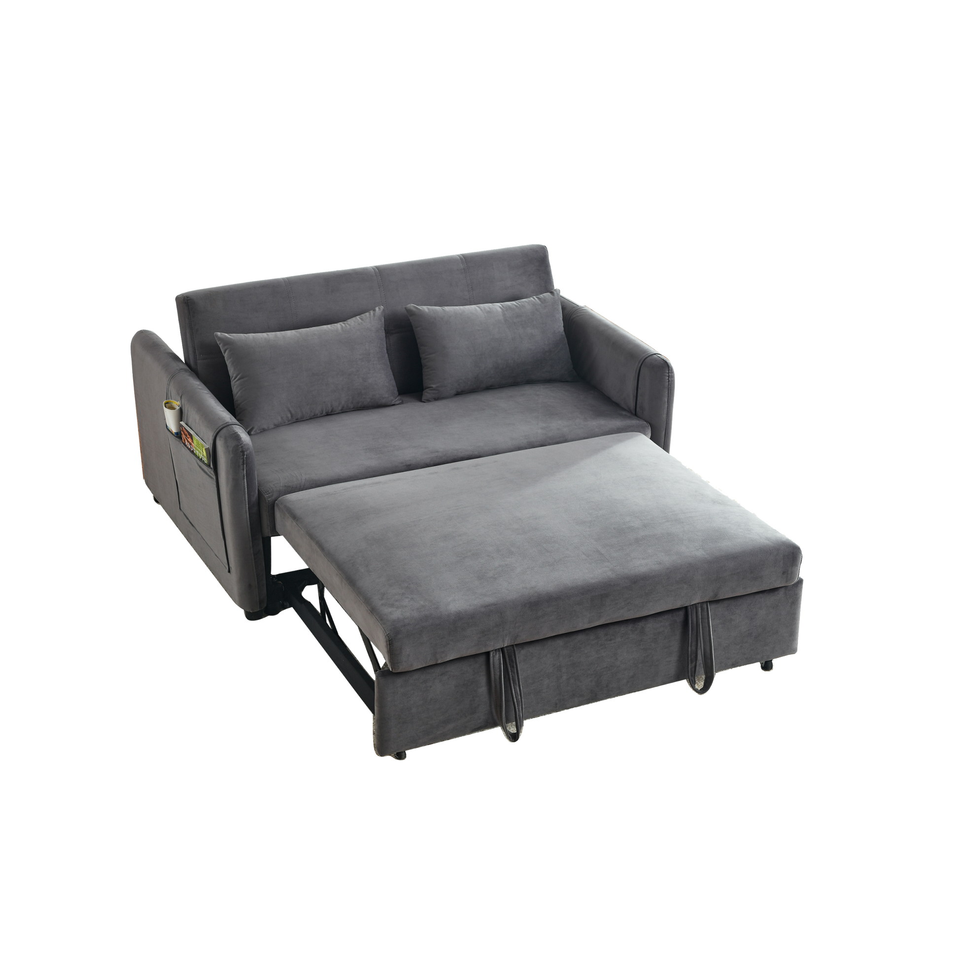 Convertible Sofa Bed, 3 In 1 Versatile Velvet Double Sofa With Pullout Bed, Seat With Adjustable Backrest, Lumbar Pillows, And Living Room Side Pockets, 54 Inch, Grey Brown Wood Primary Living Space Delicate Duty Eucalyptus 2 Seat Grey Velvet Soft Pillow