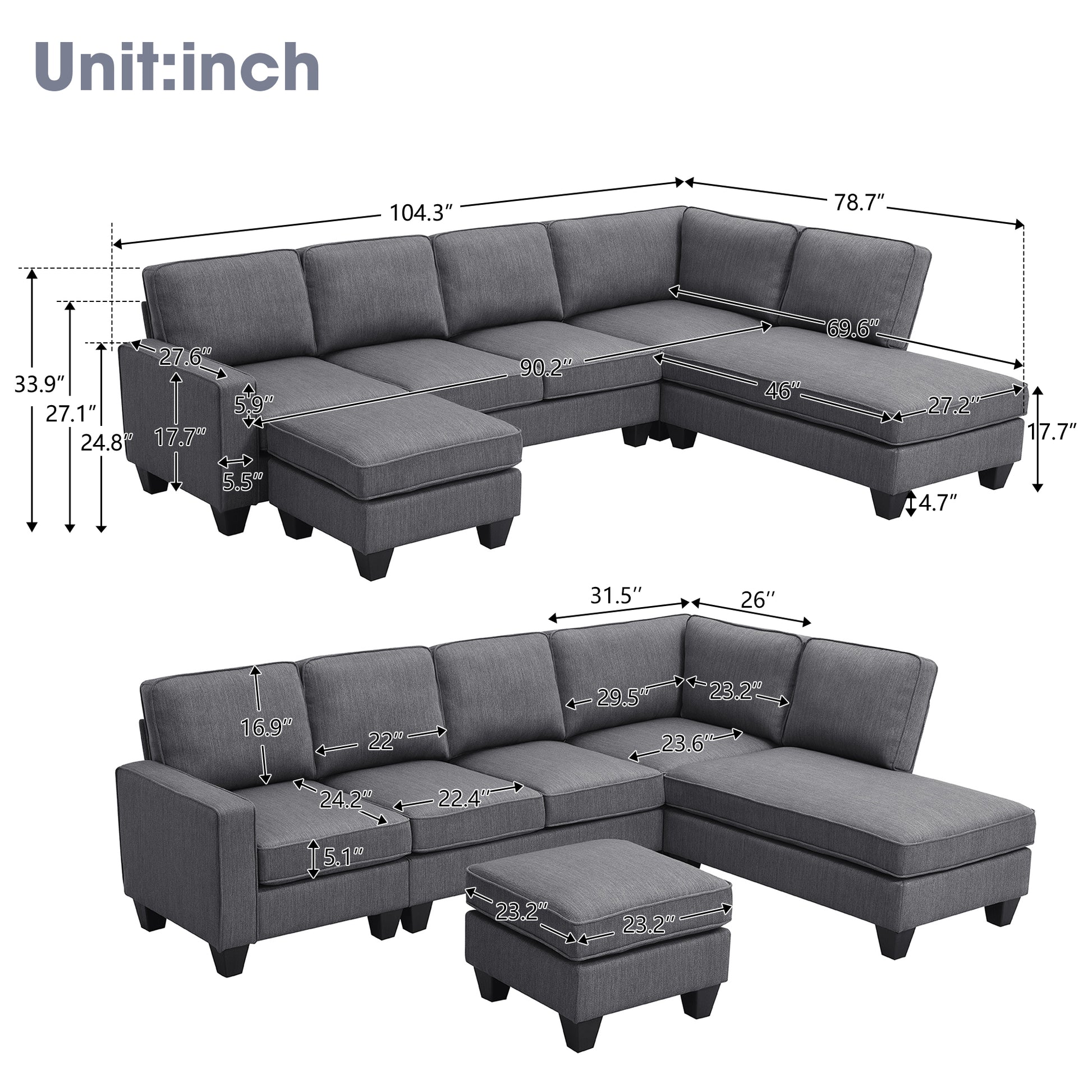 104.3*78.7" Modern L Shaped Sectional Sofa,7 Seat Linen Fabric Couch Set With Chaise Lounge And Convertible Ottoman For Living Room,Apartment,Office,3 Colors Dark Grey Fabric