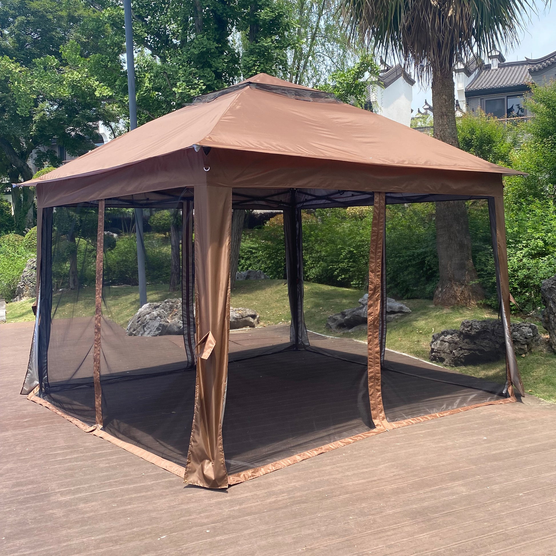 Outdoor 11X 11Ft Pop Up Gazebo Canopy With Removable Zipper Netting,2 Tier Soft Top Event Tent,Suitable For Patio Backyard Garden Camping Area With 4 Sandbags,Brown Brown Metal