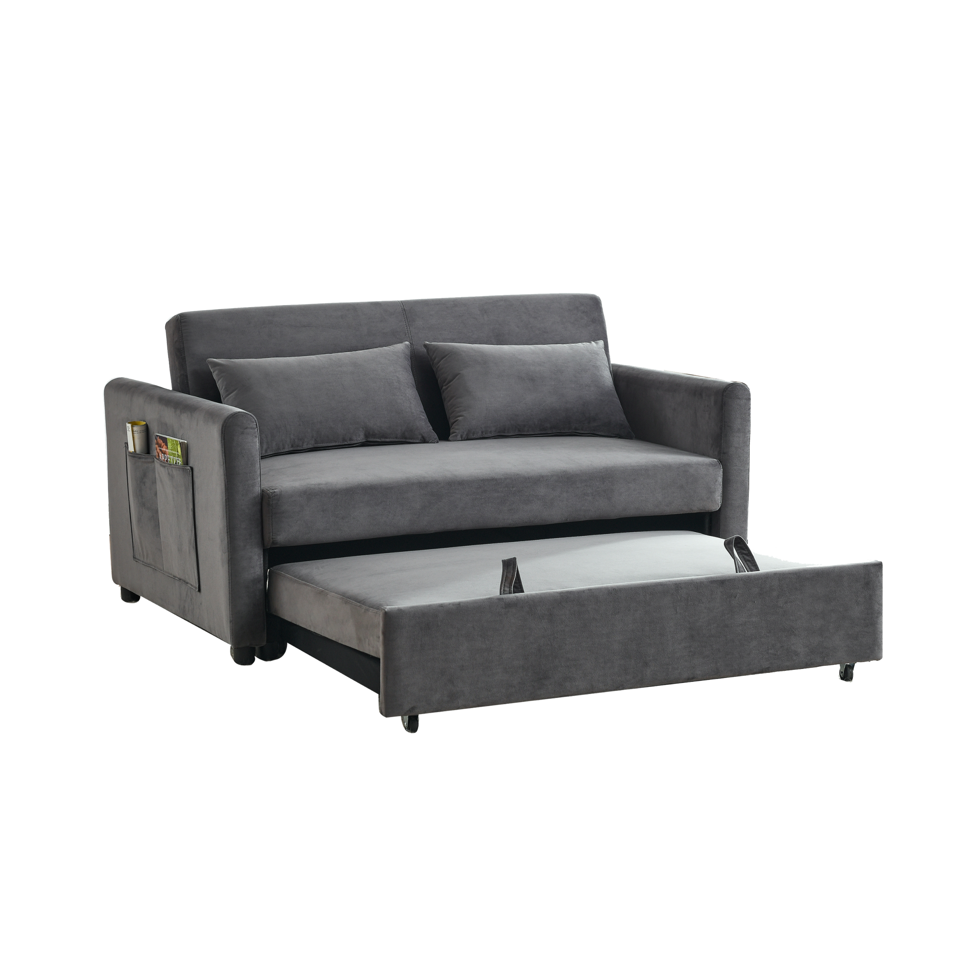 Convertible Sofa Bed, 3 In 1 Versatile Velvet Double Sofa With Pullout Bed, Seat With Adjustable Backrest, Lumbar Pillows, And Living Room Side Pockets, 54 Inch, Grey Light Brown Wood Primary Living Space Delicate Duty Eucalyptus 2 Seat Grey Velvet Soft