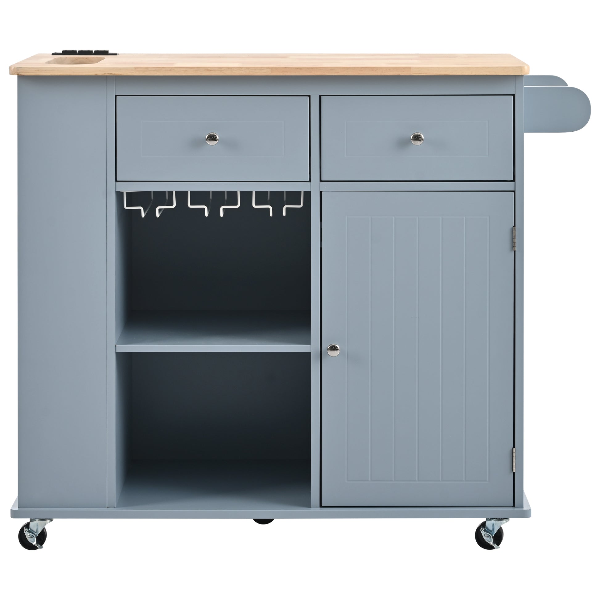 Kitchen Island With Power Outlet,Kitchen Storage Island With Drop Leaf And Rubber Wood,Open Storage And Wine Rack,5 Wheels,With Adjustable Storage For Home, Kitchen, And Dining Room, Grey Blue Blue Mdf