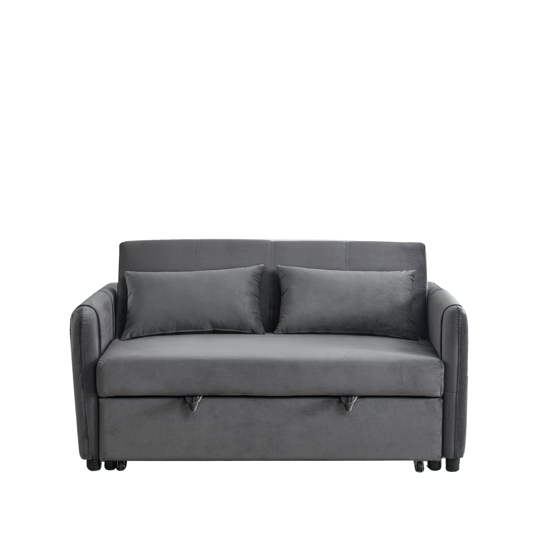 Convertible Sofa Bed, 3 In 1 Versatile Velvet Double Sofa With Pullout Bed, Seat With Adjustable Backrest, Lumbar Pillows, And Living Room Side Pockets, 54 Inch, Grey Brown Wood Primary Living Space Delicate Duty Eucalyptus 2 Seat Grey Velvet Soft Pillow