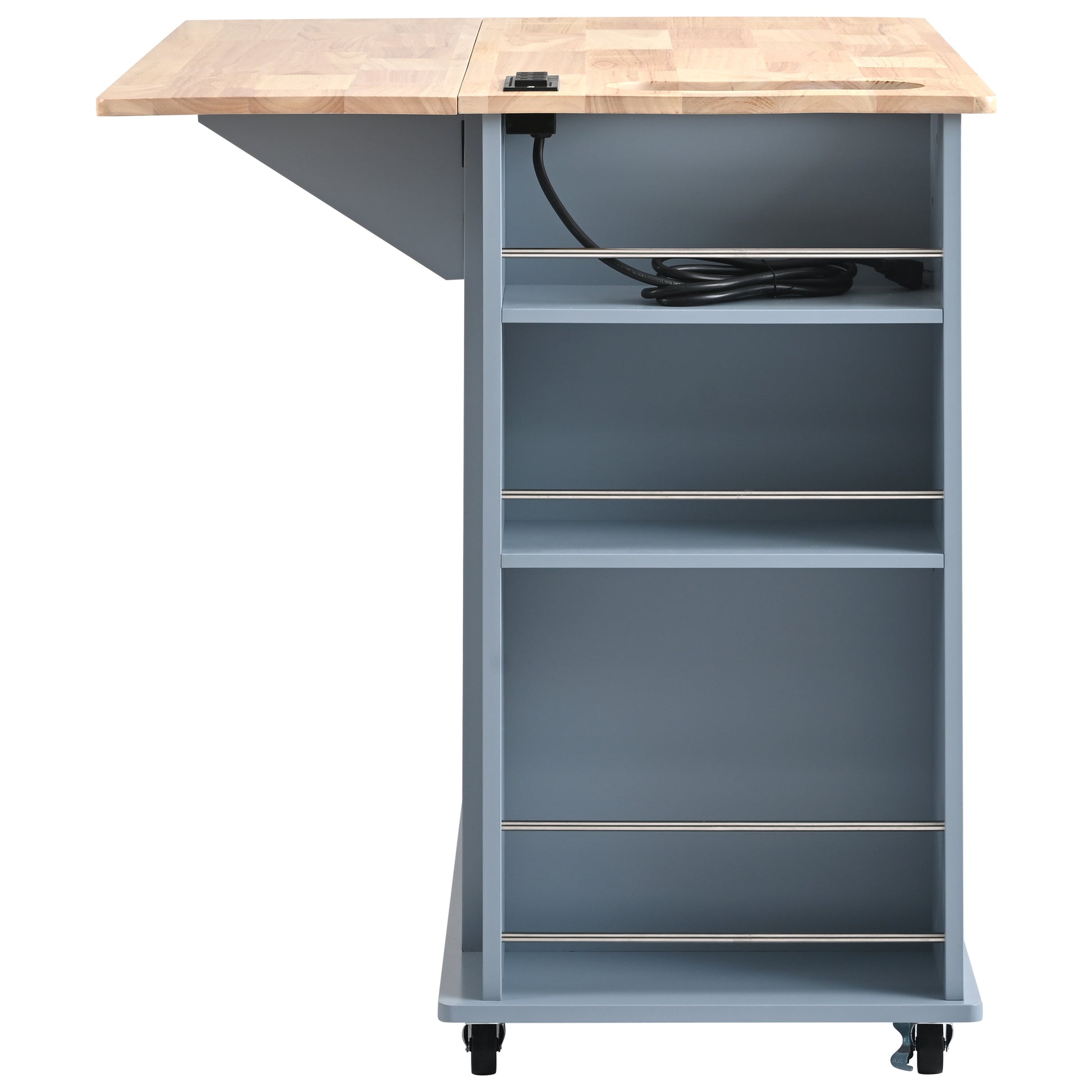 Kitchen Island With Power Outlet,Kitchen Storage Island With Drop Leaf And Rubber Wood,Open Storage And Wine Rack,5 Wheels,With Adjustable Storage For Home, Kitchen, And Dining Room, Grey Blue Blue Mdf