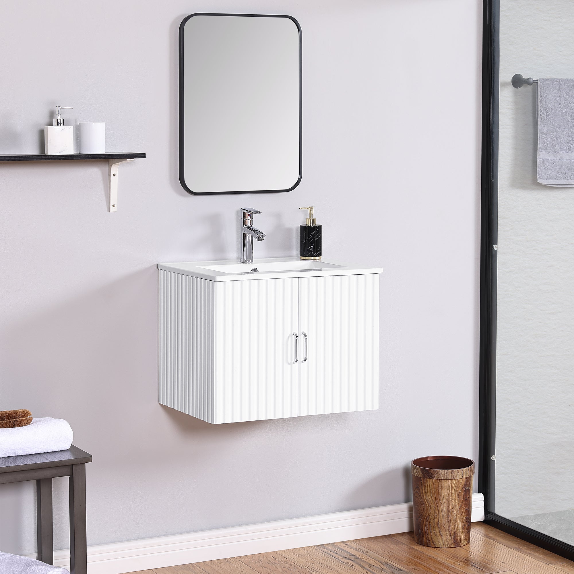 24" Floating Wall Mounted Bathroom Vanity With White Porcelain Sink And Soft Close Doors White Ceramic Mdf