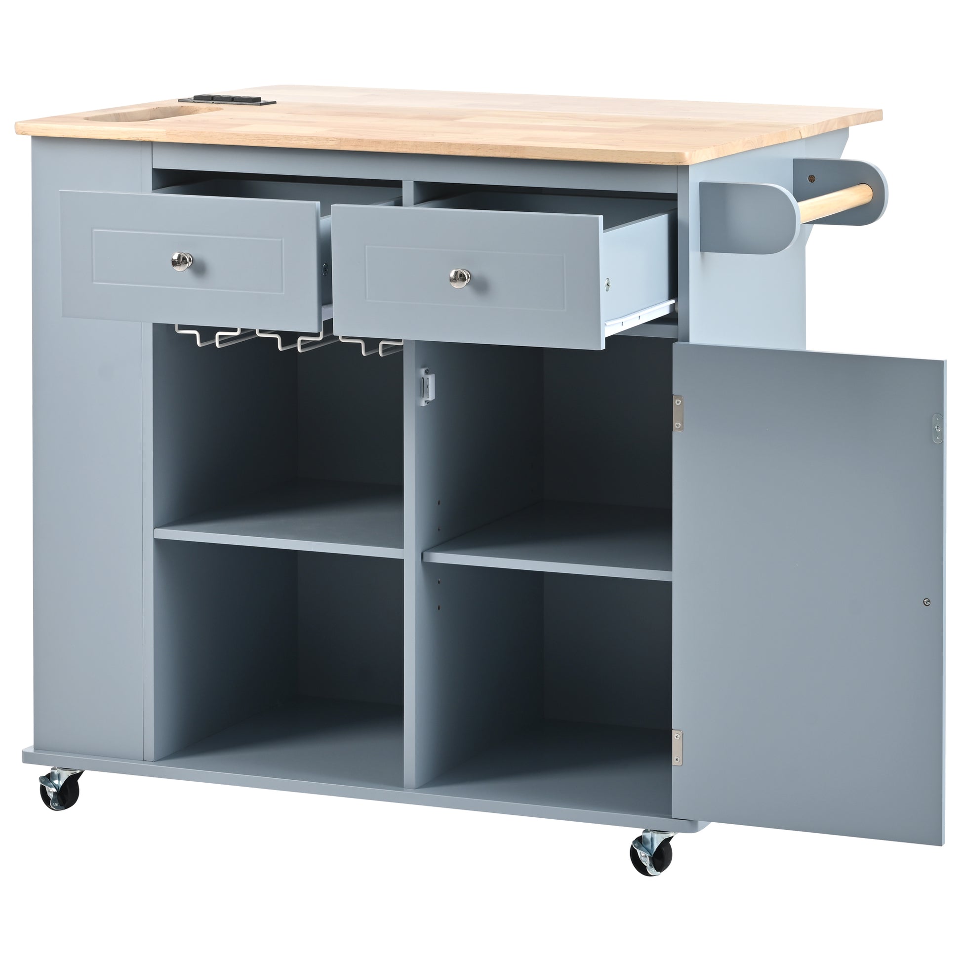 Kitchen Island With Power Outlet,Kitchen Storage Island With Drop Leaf And Rubber Wood,Open Storage And Wine Rack,5 Wheels,With Adjustable Storage For Home, Kitchen, And Dining Room, Grey Blue Blue Mdf