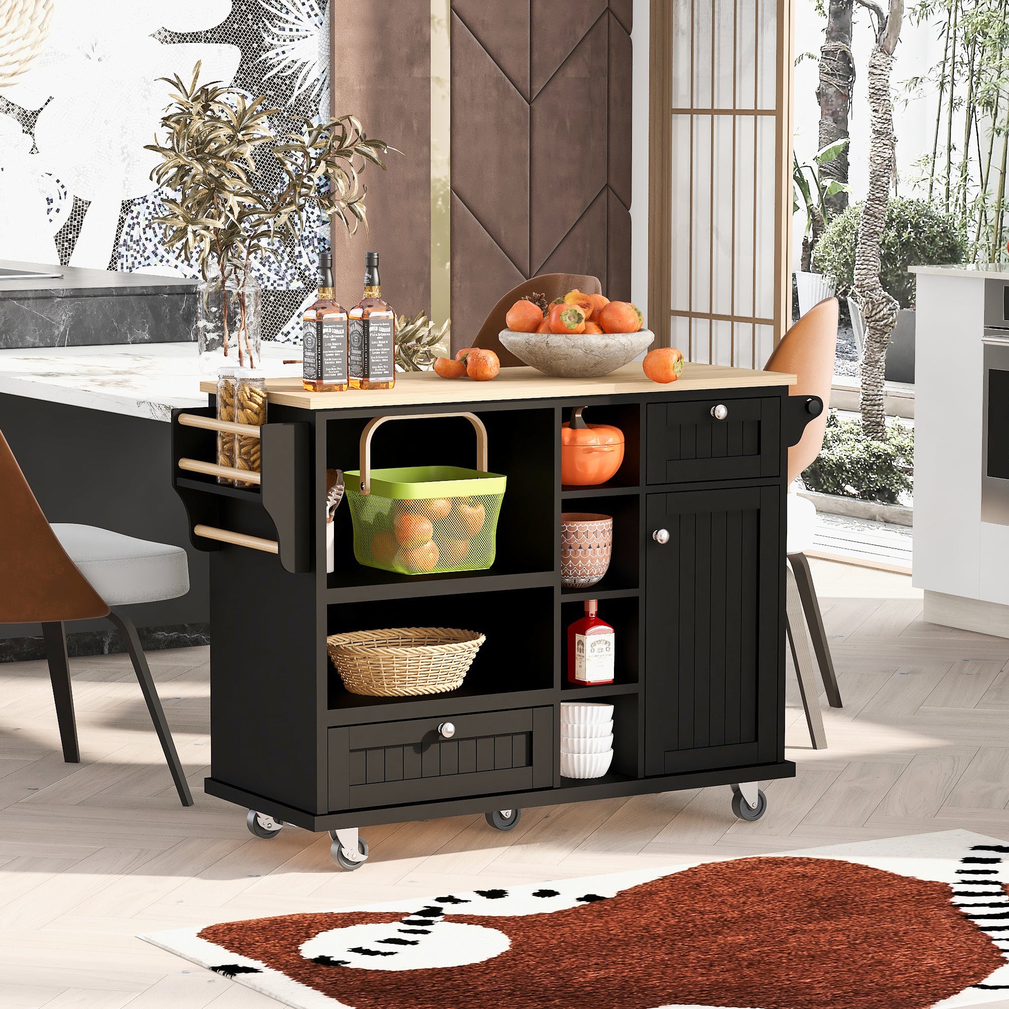 Kitchen Island Cart With Storage Cabinet And Two Locking Wheels,Solid Wood Desktop,Microwave Cabinet,Floor Standing Buffet Server Sideboard For Kitchen Room,Dining Room, Bathroom Black Black Mdf