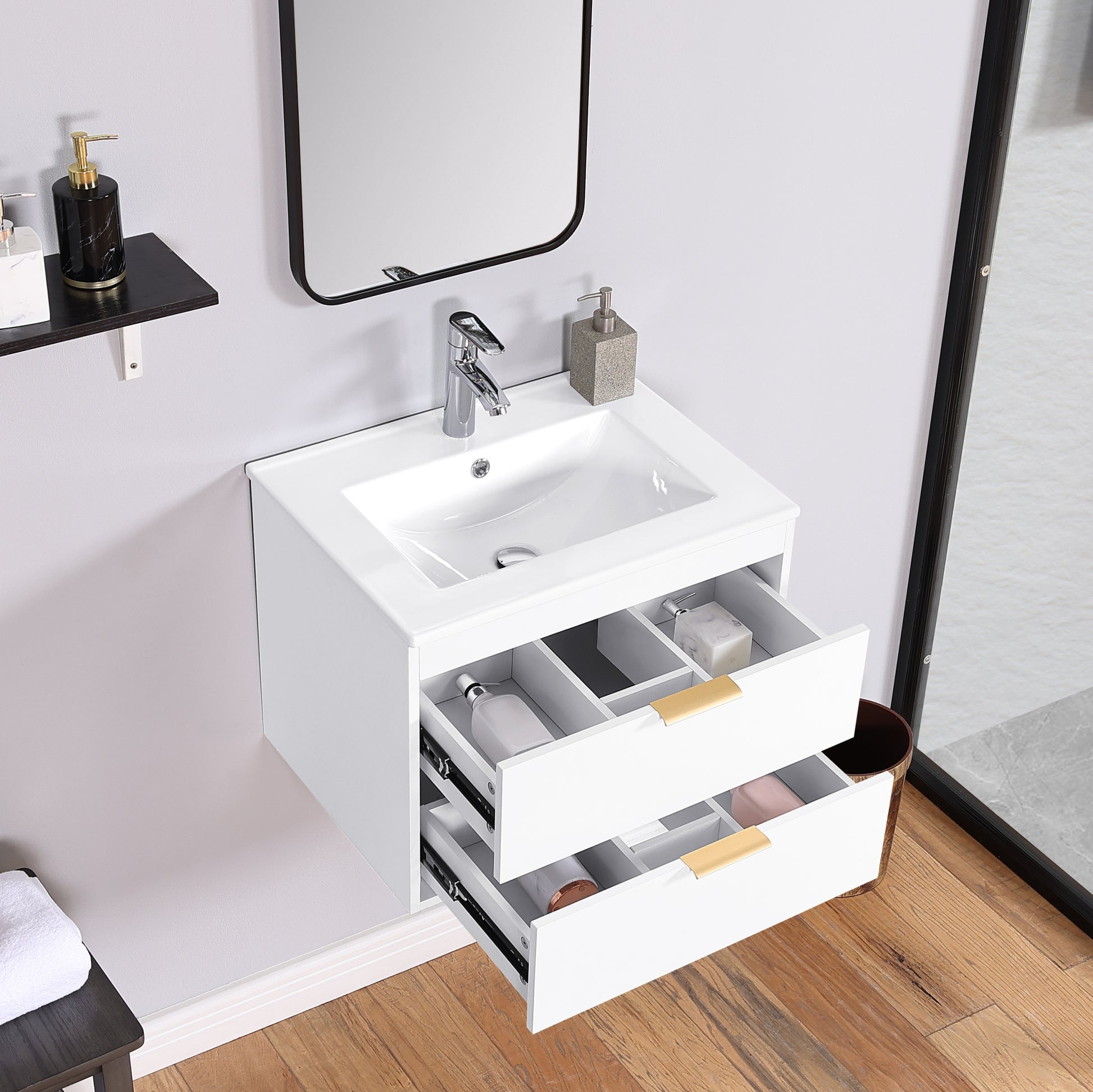 24" Floating Wall Mounted Bathroom Vanity With White Ceramic Sink And Drawer Storage White Wall Mounted Ceramic Mdf