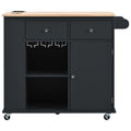 Kitchen Island With Power Outlet,Kitchen Storage Island With Drop Leaf And Rubber Wood,Open Storage And Wine Rack,5 Wheels,With Adjustable Storage For Home, Kitchen, And Dining Room, Black Black Mdf