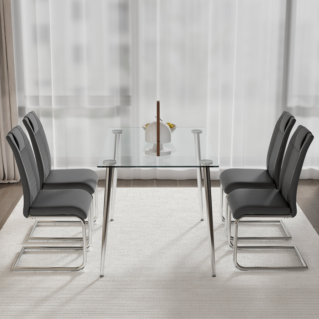 Glass Dining Table, Dining Chair Set, 4 Grey Dining Chairs, And 1 Dining Table. Table Size 51 "W X 31.5" D X 30 "H Grey Foam Pu