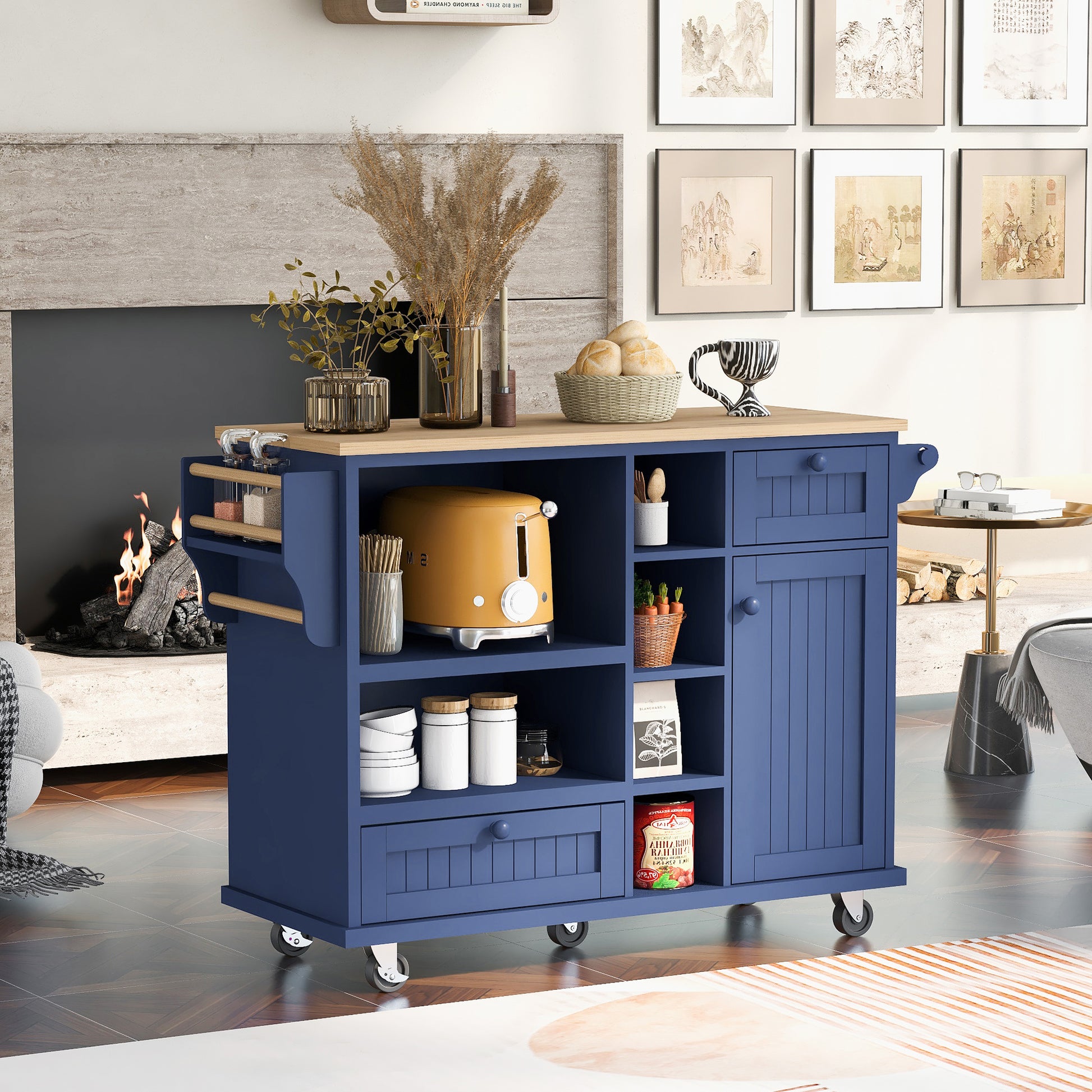 Kitchen Island Cart With Storage Cabinet And Two Locking Wheels,Solid Wood Desktop,Microwave Cabinet,Floor Standing Buffet Server Sideboard For Kitchen Room,Dining Room, Bathroom Dark Blue Dark Blue Mdf