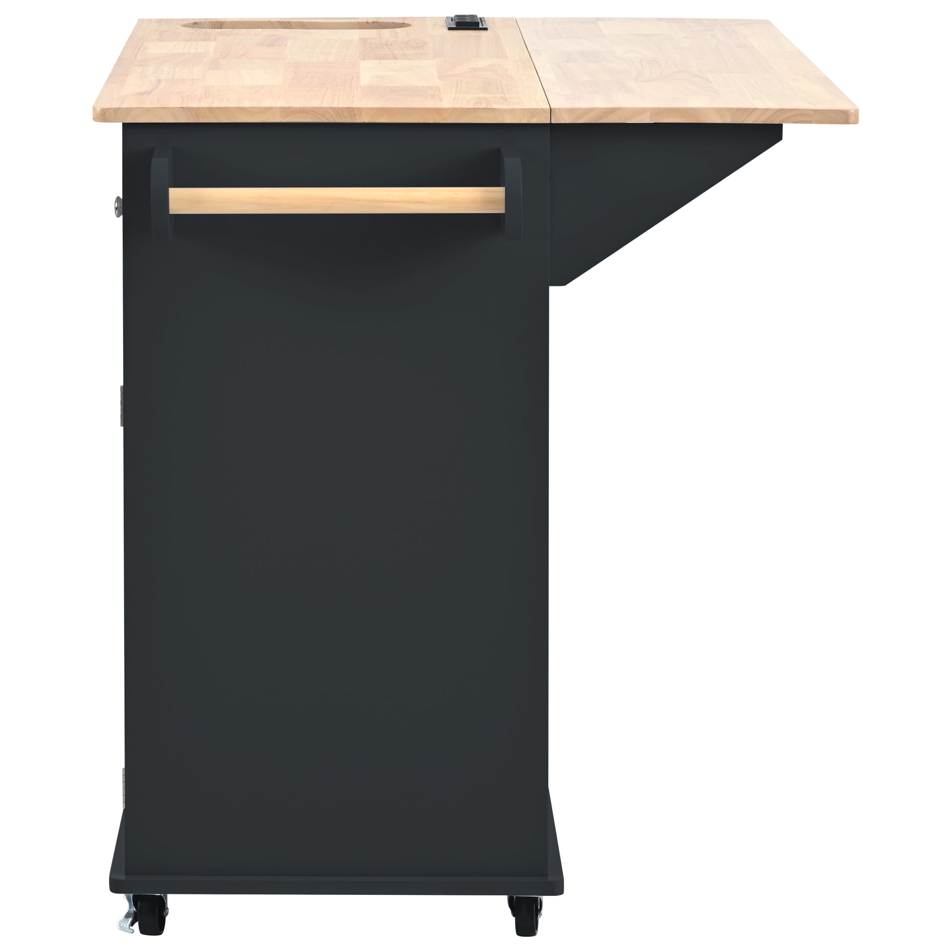 Kitchen Island With Power Outlet,Kitchen Storage Island With Drop Leaf And Rubber Wood,Open Storage And Wine Rack,5 Wheels,With Adjustable Storage For Home, Kitchen, And Dining Room, Black Black Mdf