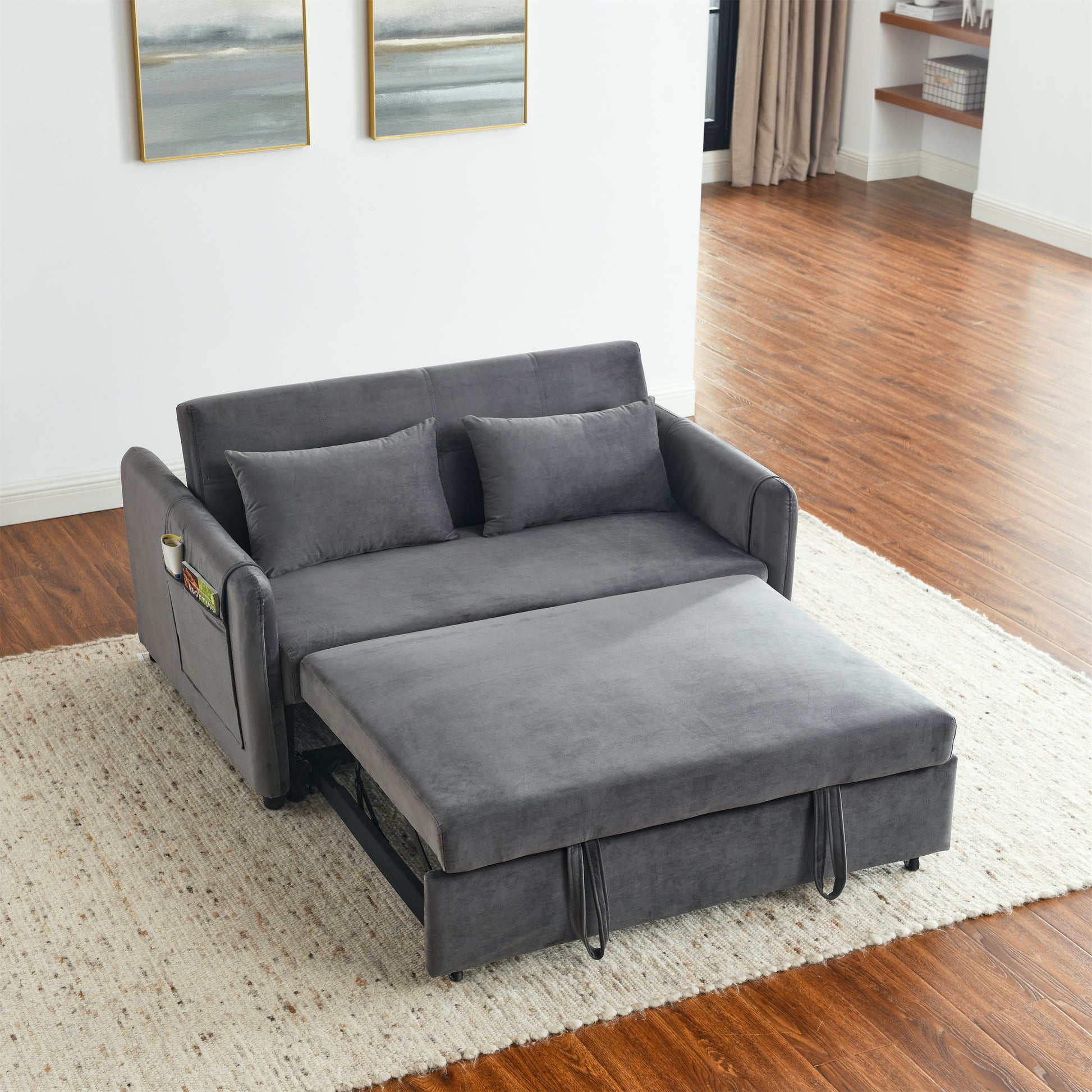 Convertible Sofa Bed, 3 In 1 Versatile Velvet Double Sofa With Pullout Bed, Seat With Adjustable Backrest, Lumbar Pillows, And Living Room Side Pockets, 54 Inch, Grey Brown Wood Primary Living Space Delicate Duty Eucalyptus 2 Seat Grey Velvet Soft Pillow