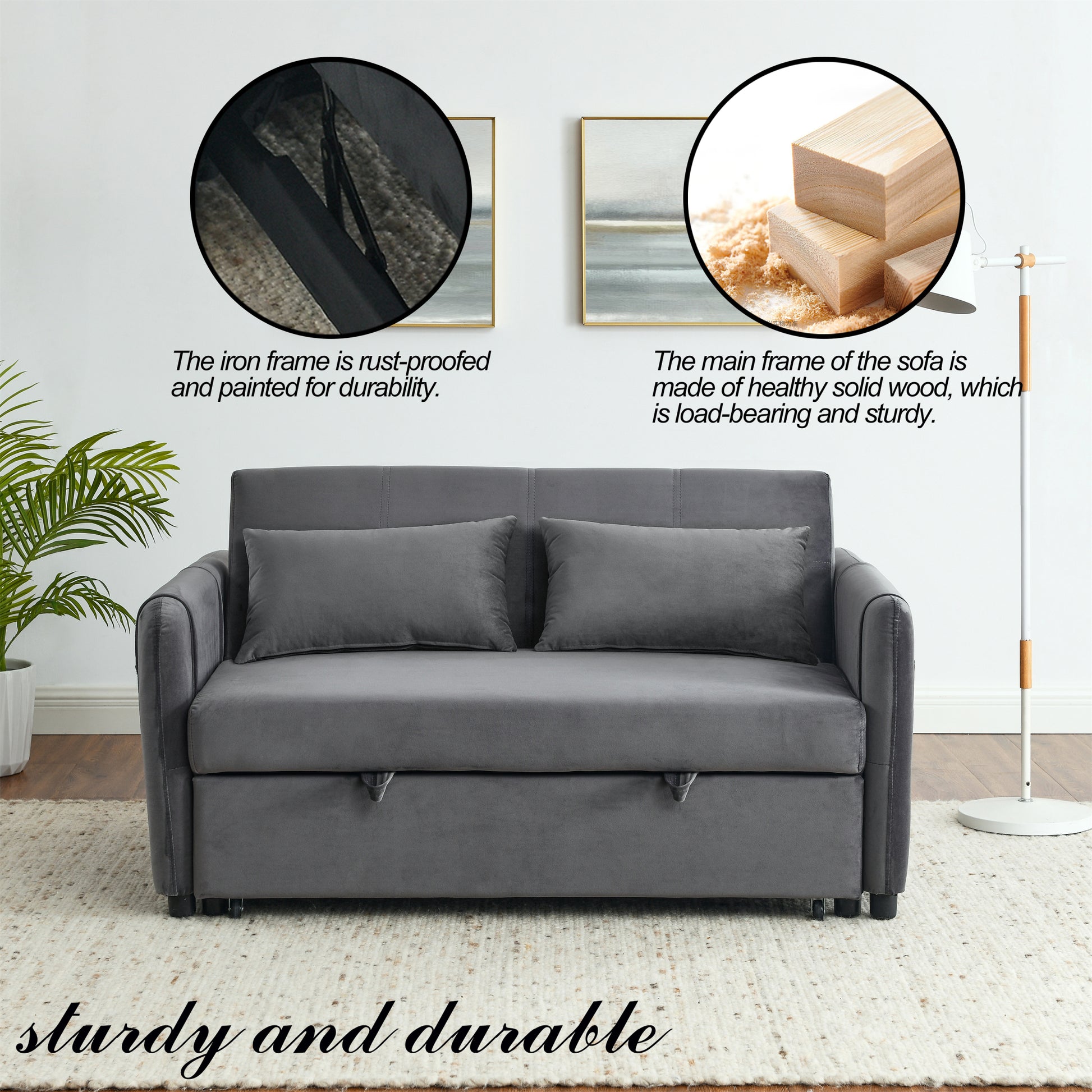 Convertible Sofa Bed, 3 In 1 Versatile Velvet Double Sofa With Pullout Bed, Seat With Adjustable Backrest, Lumbar Pillows, And Living Room Side Pockets, 54 Inch, Grey Brown Wood Primary Living Space Delicate Duty Eucalyptus 2 Seat Grey Velvet Soft Pillow
