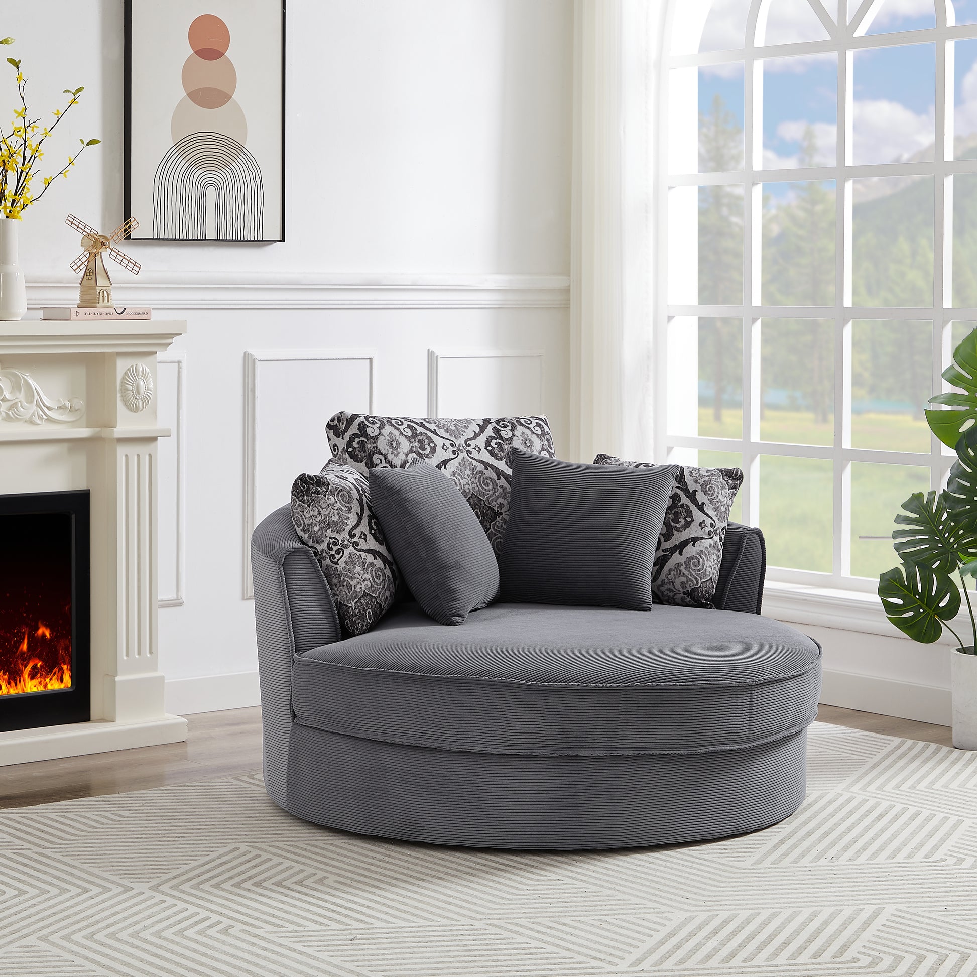Swivel Accent Barrel Chair With 5 Movable Pillow 360 Degree Swivel Round Sofa Chair For Living Room,Bedroom, Hotel, Grey Grey Foam Corduroy