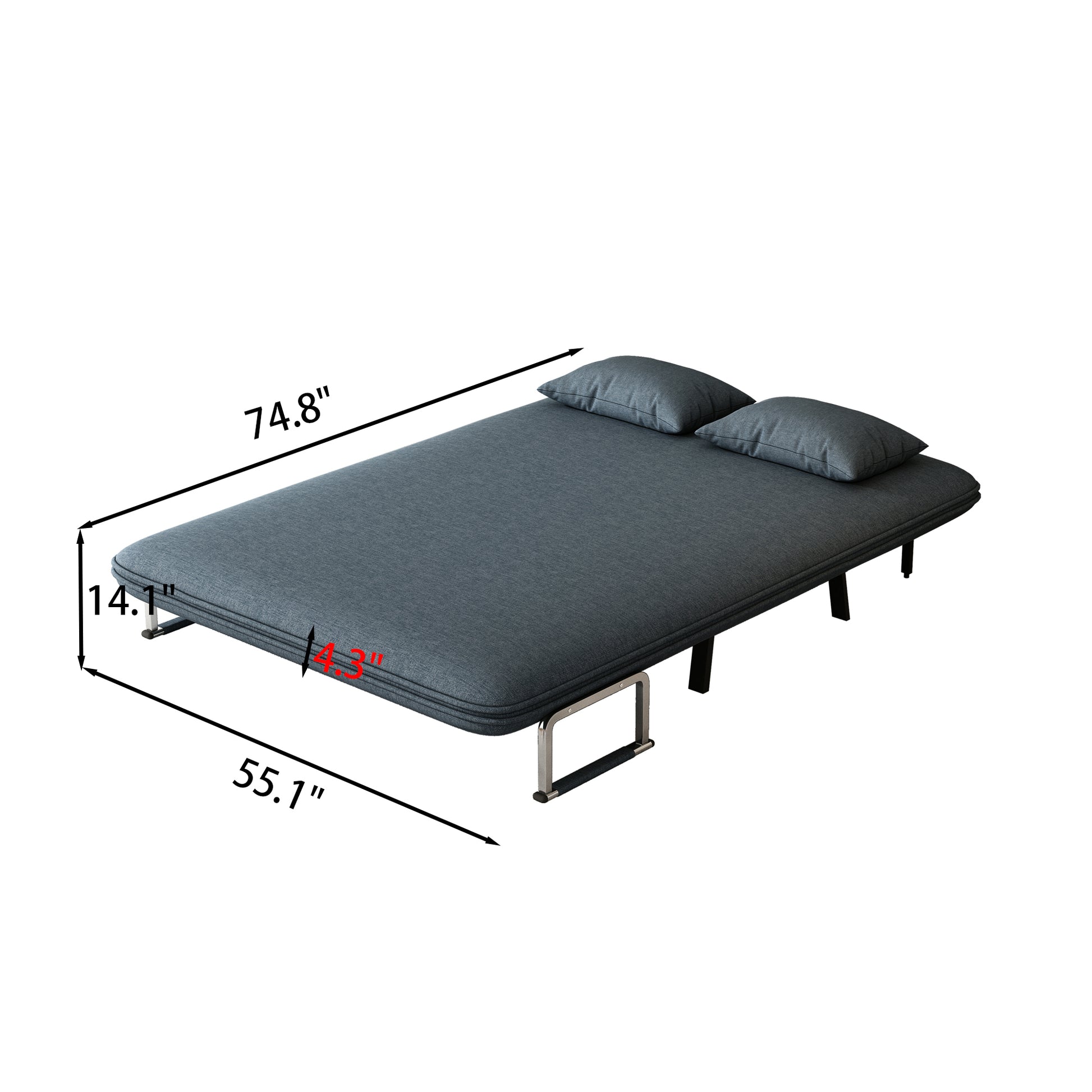 55 Convertible Chair Bed, Tri Fold Sofa Bed With Adjustable Backrest & Pillow, Leisure Chaise Lounge Couch With Sturdy Steel Frame For Home & Office, Comfortable Sleeper Chair Blue Grey Velvet Primary Living Space Contemporary Polyurethane Foam Metal 2