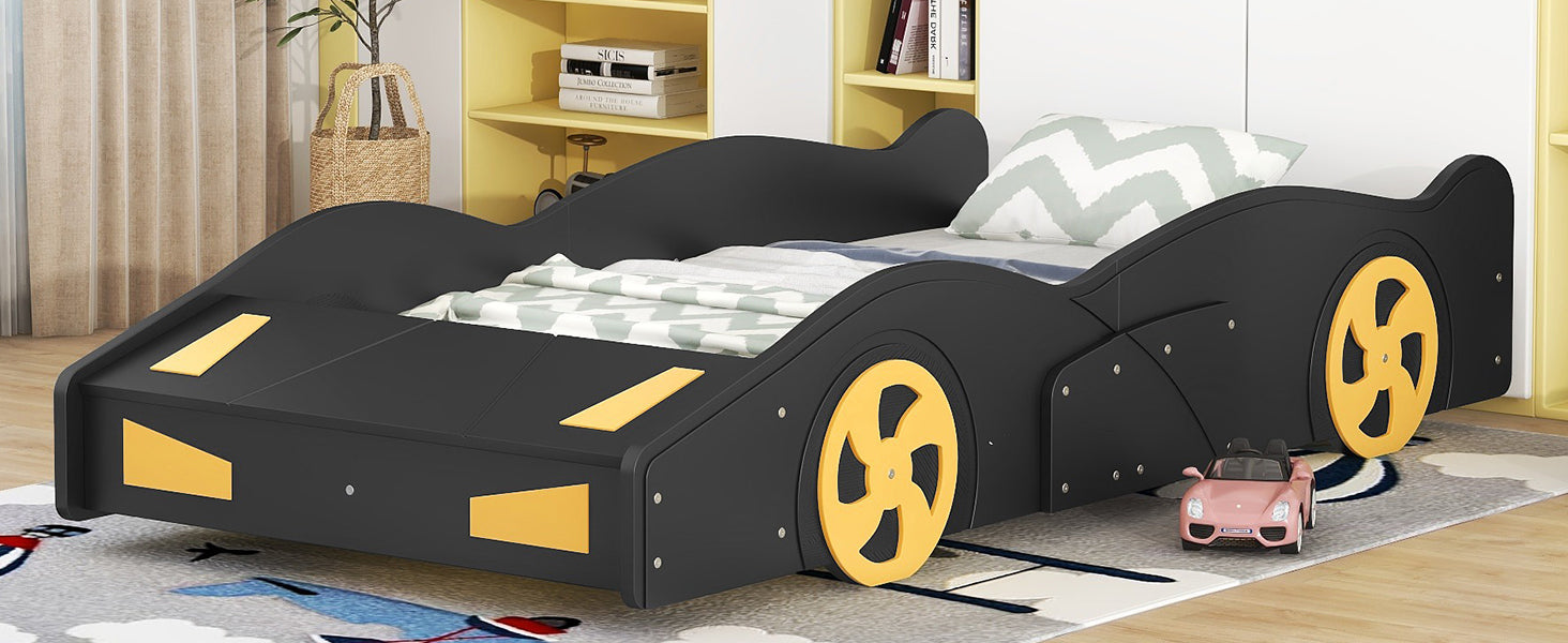 Twin Size Race Car Shaped Platform Bed With Wheels And Storage, Black Yellow Box Spring Not Required Twin Black Wood Bedroom Bed Frame Solid Wood Mdf