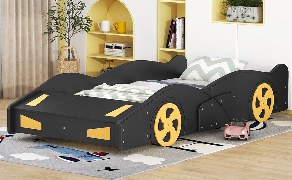 Twin Size Race Car Shaped Platform Bed With Wheels And Storage, Black Yellow Box Spring Not Required Twin Black Wood Bedroom Bed Frame Solid Wood Mdf