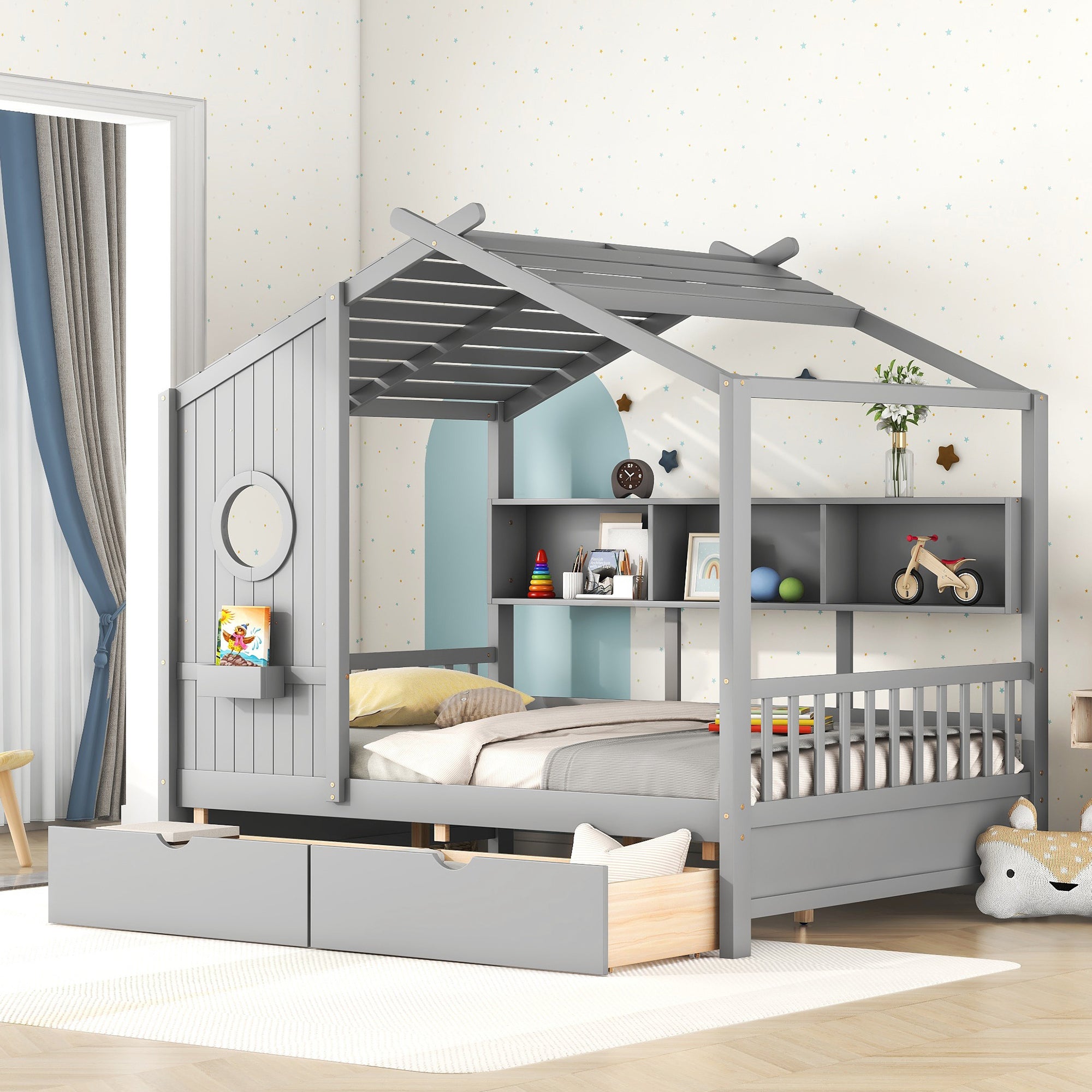 Wooden Full Size House Bed With 2 Drawers,Kids Bed With Storage Shelf, Gray Full Gray Solid Wood