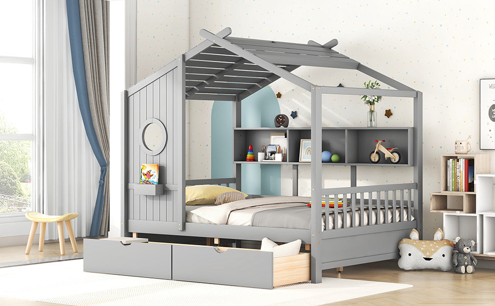 Wooden Full Size House Bed With 2 Drawers,Kids Bed With Storage Shelf, Gray Full Gray Solid Wood