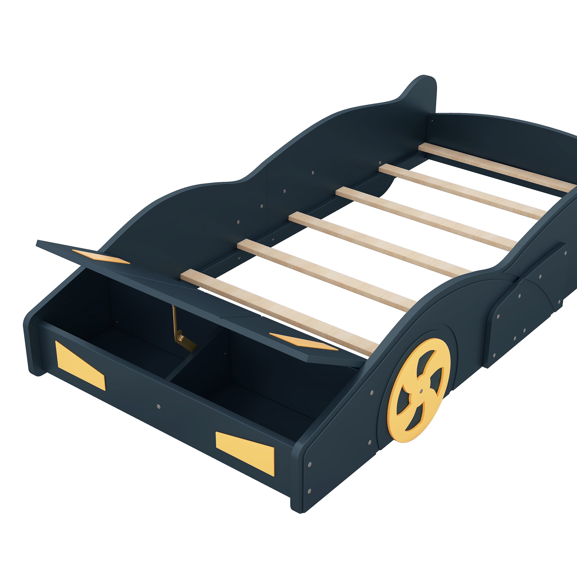 Twin Size Race Car Shaped Platform Bed With Wheels And Storage, Dark Blue Yellow Box Spring Not Required Twin Dark Blue Wood Bedroom Bed Frame Solid Wood Mdf