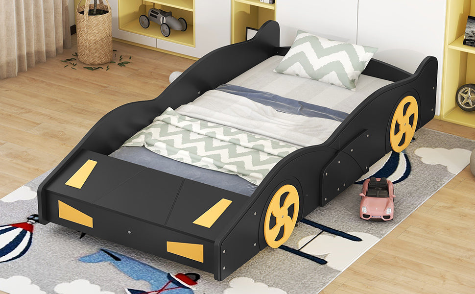 Twin Size Race Car Shaped Platform Bed With Wheels And Storage, Black Yellow Box Spring Not Required Twin Black Wood Bedroom Bed Frame Solid Wood Mdf