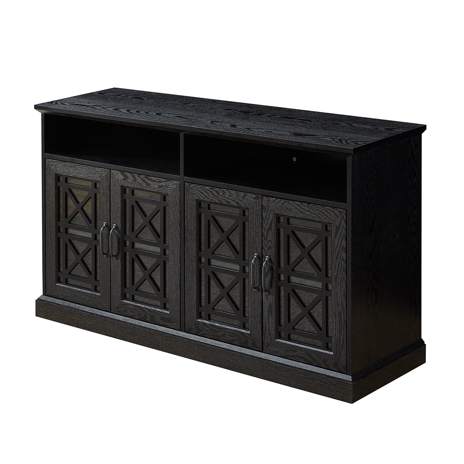 53" Tv Console Storage Buffet Cabinet Sideboard, Black Wood Grain Finish Black Dining Room Adjustabel Shelves Mdf Glass