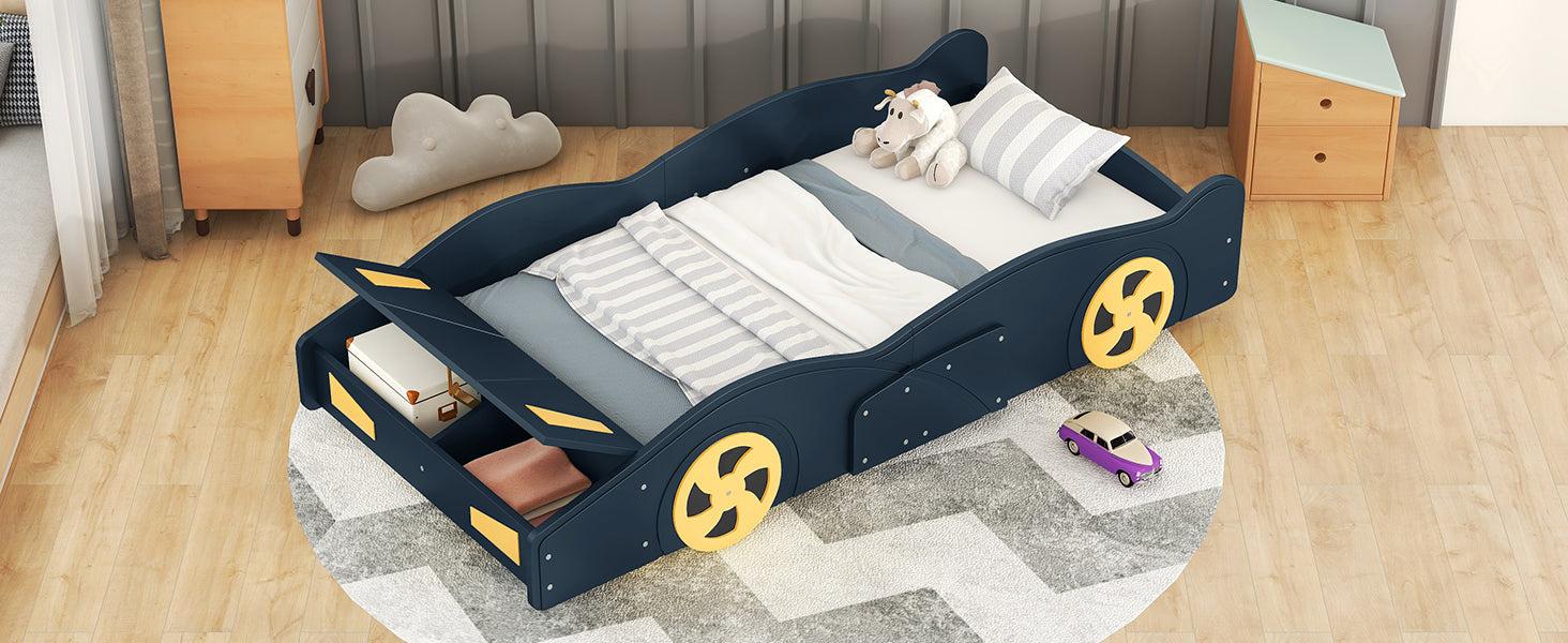 Twin Size Race Car Shaped Platform Bed With Wheels And Storage, Dark Blue Yellow Box Spring Not Required Twin Dark Blue Wood Bedroom Bed Frame Solid Wood Mdf