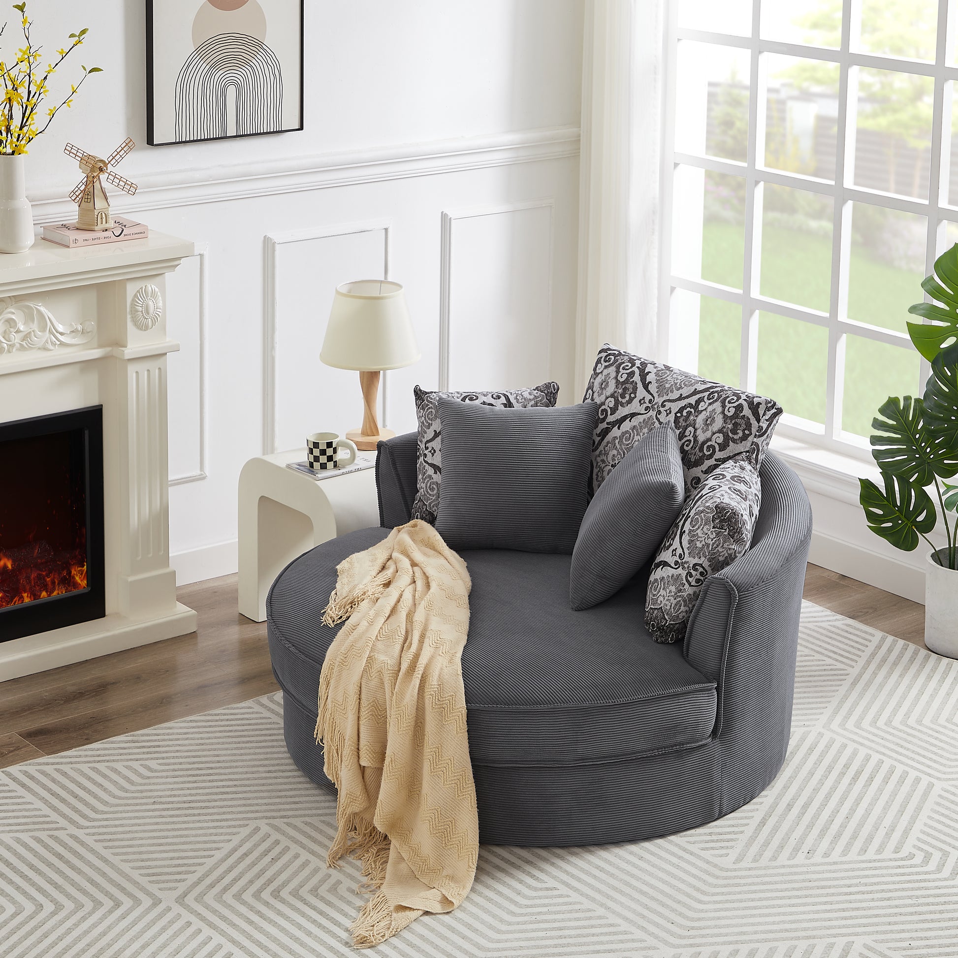 Swivel Accent Barrel Chair With 5 Movable Pillow 360 Degree Swivel Round Sofa Chair For Living Room,Bedroom, Hotel, Grey Grey Foam Corduroy