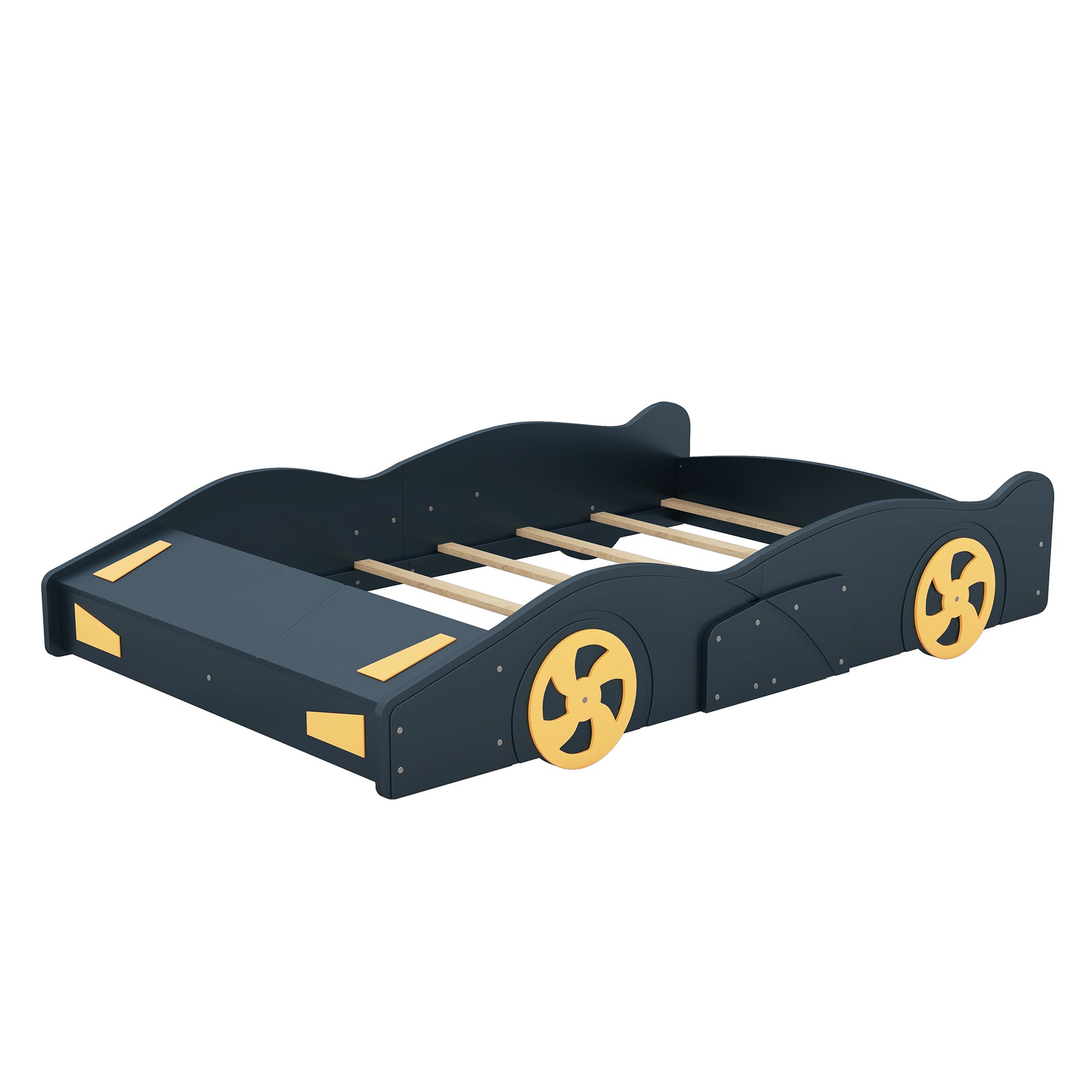 Full Size Race Car Shaped Platform Bed With Wheels And Storage, Dark Blue Yellow Box Spring Not Required Full Dark Blue Wood Bedroom Bed Frame Solid Wood Mdf