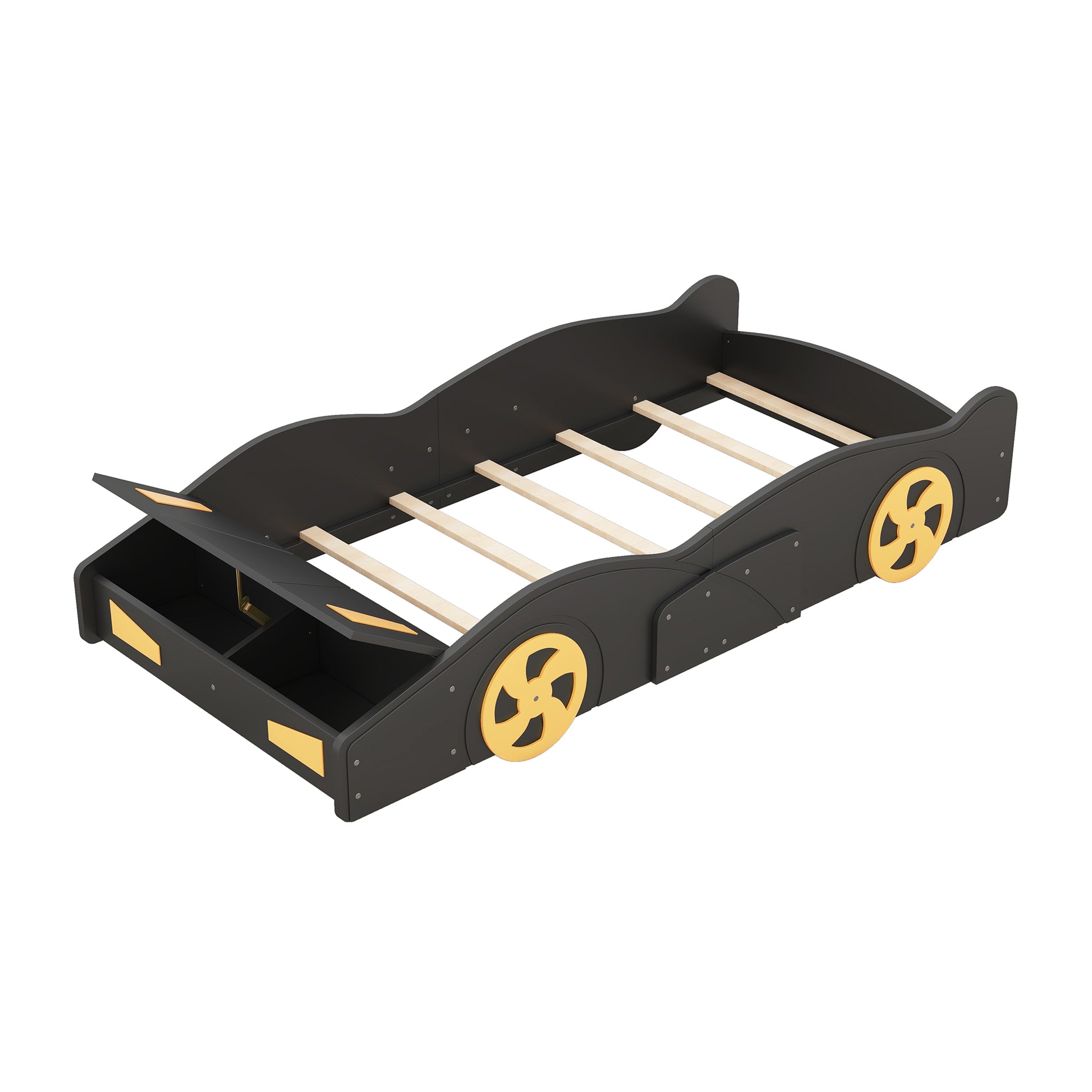 Twin Size Race Car Shaped Platform Bed With Wheels And Storage, Black Yellow Box Spring Not Required Twin Black Wood Bedroom Bed Frame Solid Wood Mdf