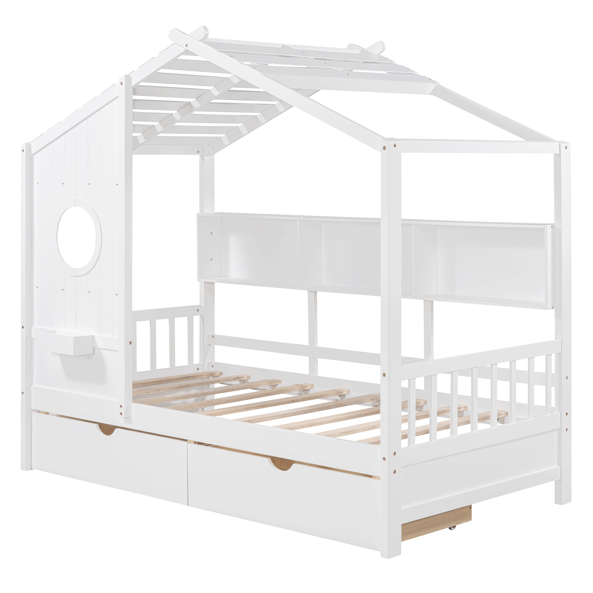 Wooden Twin Size House Bed With 2 Drawers,Kids Bed With Storage Shelf, White Twin White Solid Wood