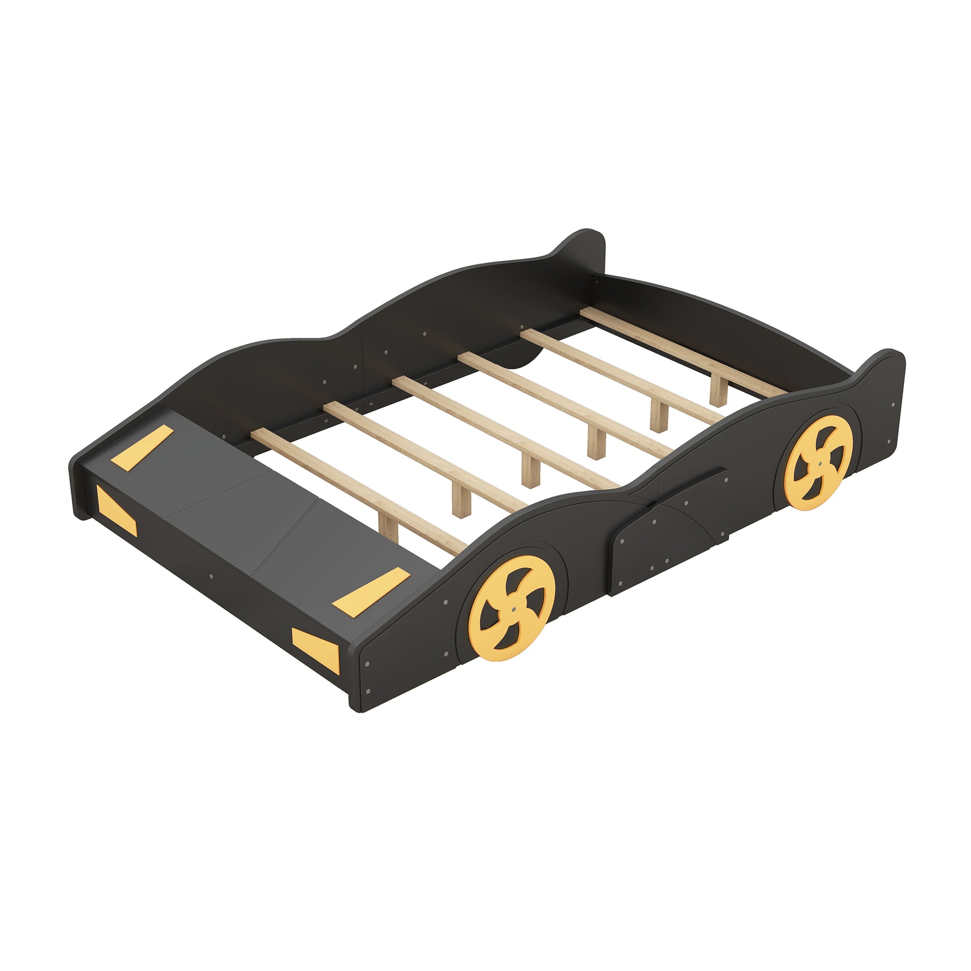 Full Size Race Car Shaped Platform Bed With Wheels And Storage, Black Yellow Box Spring Not Required Full Black Wood Bedroom Bed Frame Solid Wood Mdf