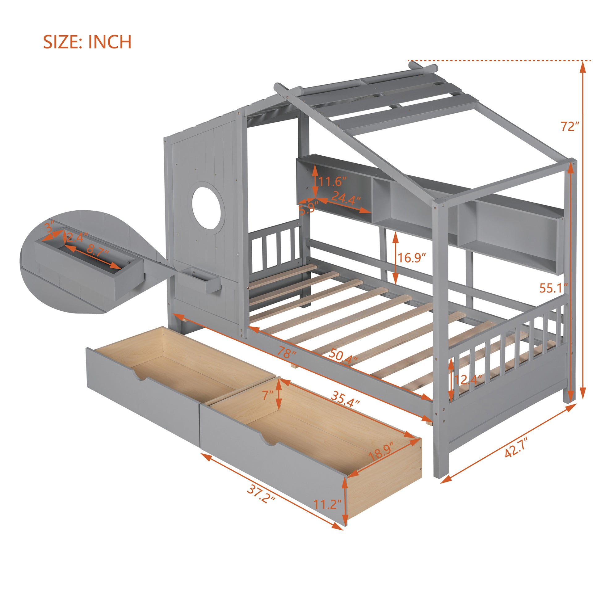 Wooden Twin Size House Bed With 2 Drawers,Kids Bed With Storage Shelf, Gray Twin Gray Solid Wood