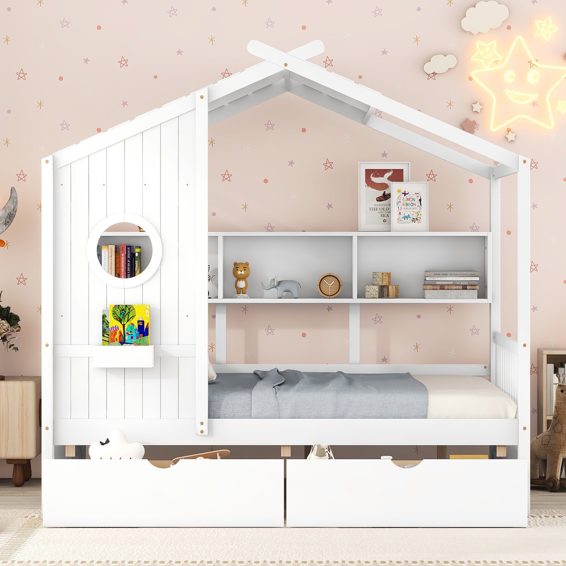 Wooden Full Size House Bed With 2 Drawers,Kids Bed With Storage Shelf, White Full White Solid Wood