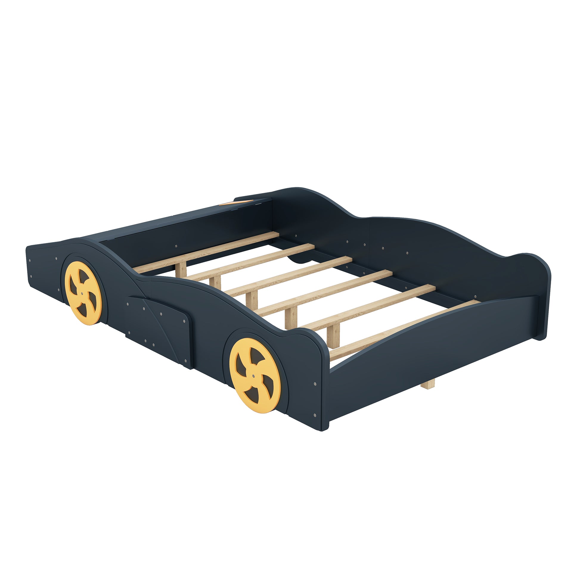 Full Size Race Car Shaped Platform Bed With Wheels And Storage, Dark Blue Yellow Box Spring Not Required Full Dark Blue Wood Bedroom Bed Frame Solid Wood Mdf