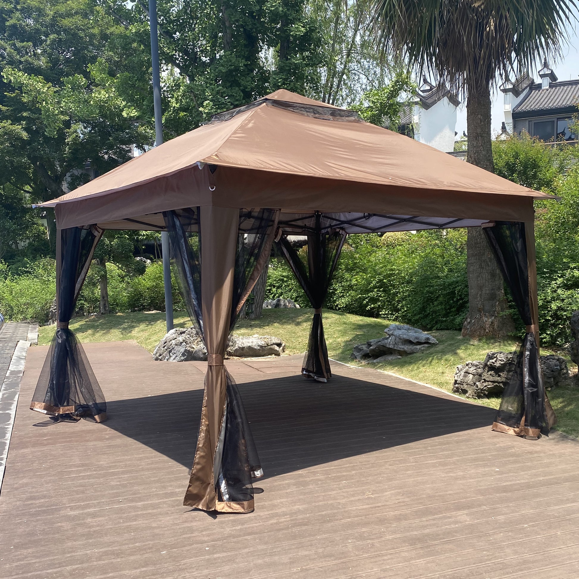 Outdoor 11X 11Ft Pop Up Gazebo Canopy With Removable Zipper Netting,2 Tier Soft Top Event Tent,Suitable For Patio Backyard Garden Camping Area With 4 Sandbags,Brown Brown Metal