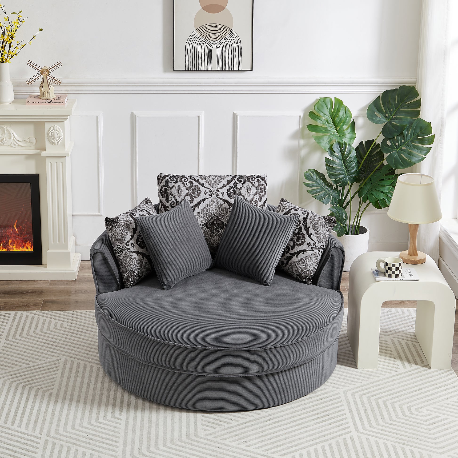 Swivel Accent Barrel Chair With 5 Movable Pillow 360 Degree Swivel Round Sofa Chair For Living Room,Bedroom, Hotel, Grey Grey Foam Corduroy