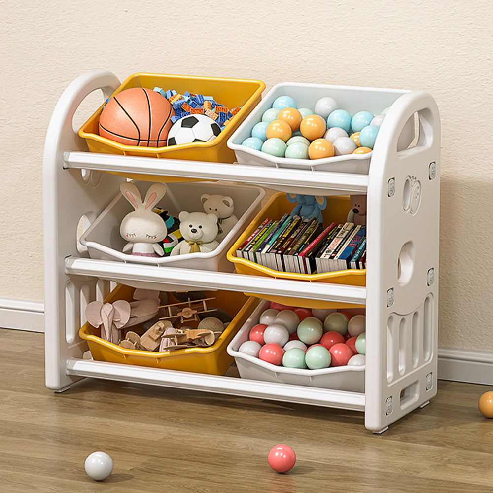 Kids Toy Storage Organizer With 6 Bins, Multi Functional Nursery Organizer Kids Furniture Set Toy Storage Cabinet Unit With Hdpe Shelf And Bins For Playroom, Bedroom, Living Room Yellow White Color Yellow Hdpe