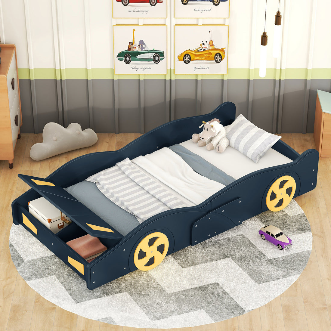 Twin Size Race Car Shaped Platform Bed With Wheels And Storage, Dark Blue Yellow Box Spring Not Required Twin Dark Blue Wood Bedroom Bed Frame Solid Wood Mdf