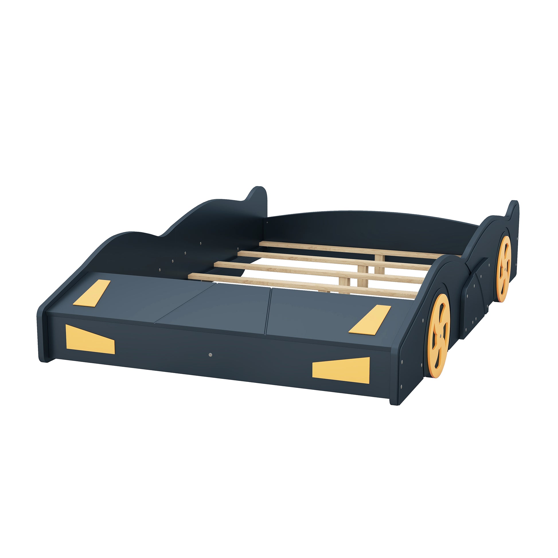 Full Size Race Car Shaped Platform Bed With Wheels And Storage, Dark Blue Yellow Box Spring Not Required Full Dark Blue Wood Bedroom Bed Frame Solid Wood Mdf