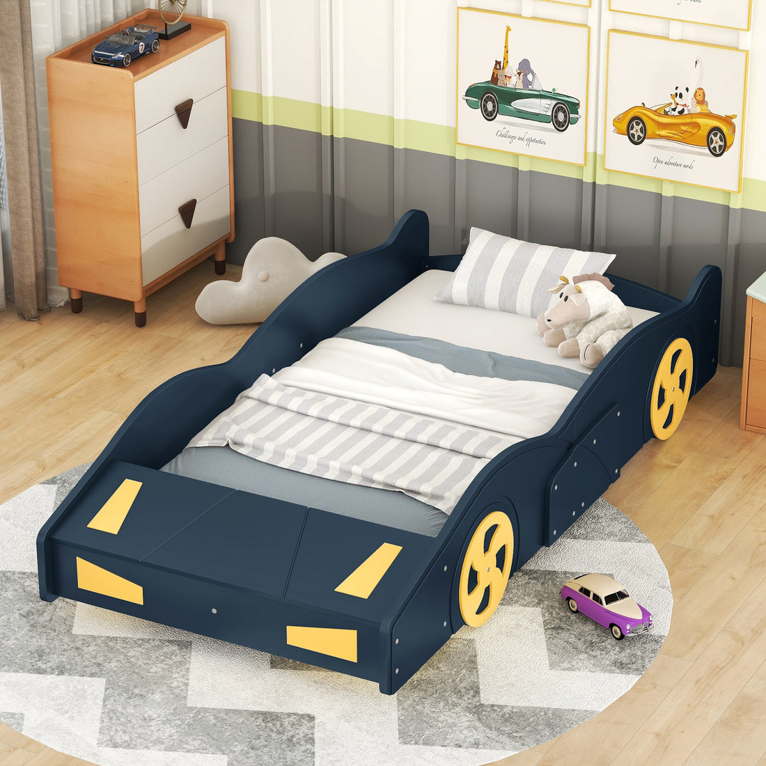 Twin Size Race Car Shaped Platform Bed With Wheels And Storage, Dark Blue Yellow Box Spring Not Required Twin Dark Blue Wood Bedroom Bed Frame Solid Wood Mdf