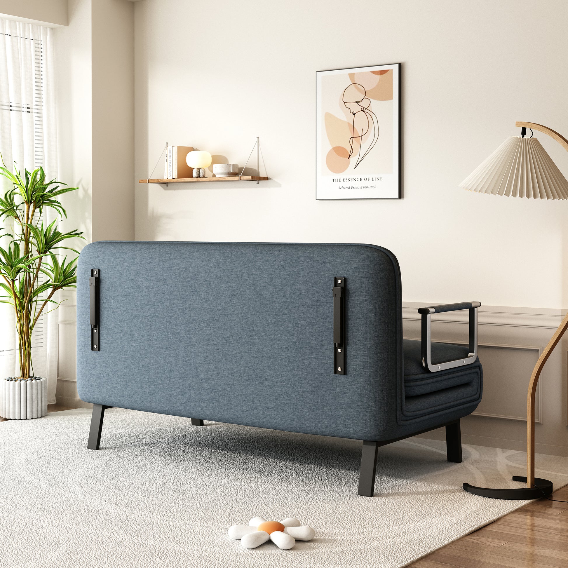 55 Convertible Chair Bed, Tri Fold Sofa Bed With Adjustable Backrest & Pillow, Leisure Chaise Lounge Couch With Sturdy Steel Frame For Home & Office, Comfortable Sleeper Chair Blue Grey Velvet Primary Living Space Contemporary Polyurethane Foam Metal 2