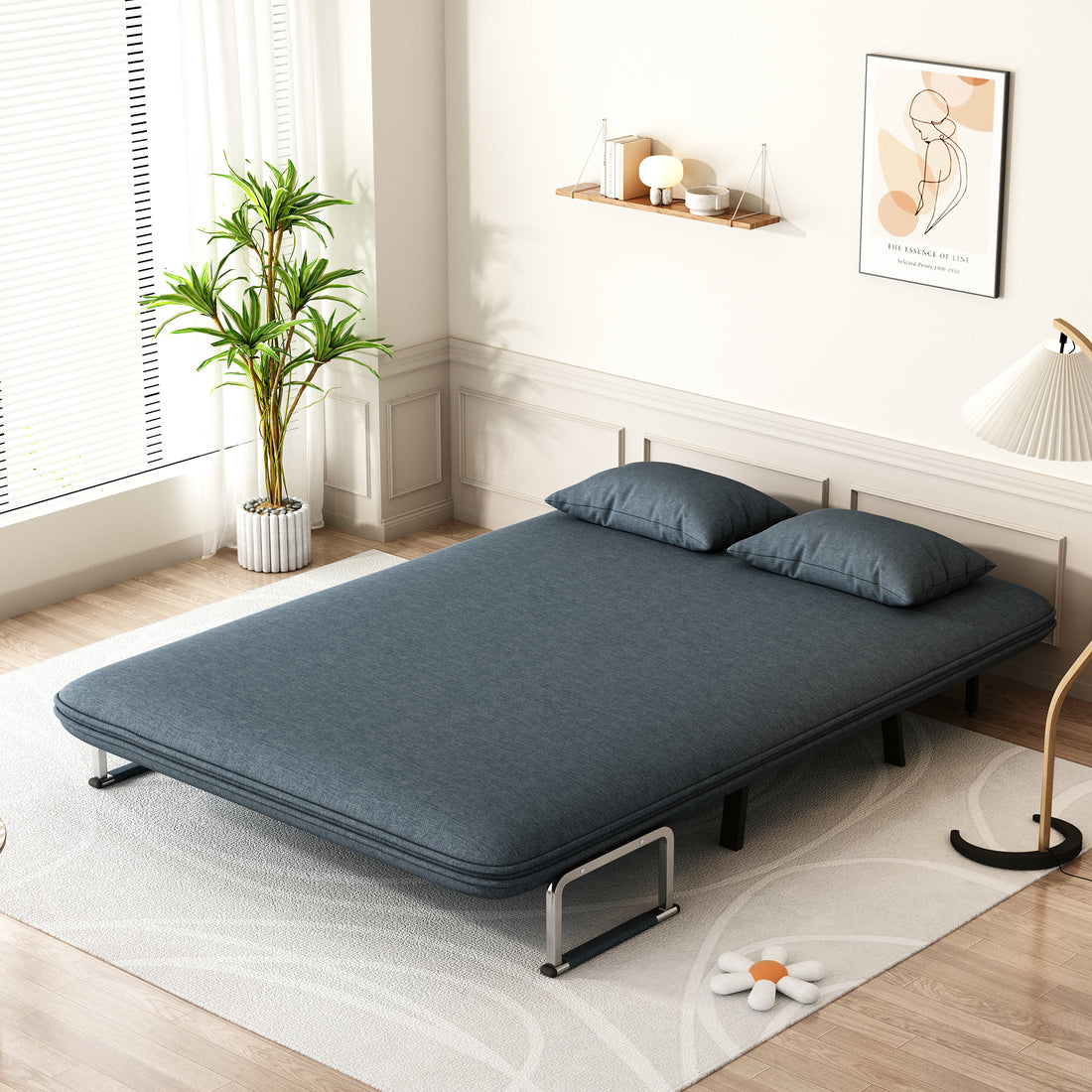 55 Convertible Chair Bed, Tri Fold Sofa Bed With Adjustable Backrest & Pillow, Leisure Chaise Lounge Couch With Sturdy Steel Frame For Home & Office, Comfortable Sleeper Chair Blue Grey Velvet Primary Living Space Contemporary Polyurethane Foam Metal 2