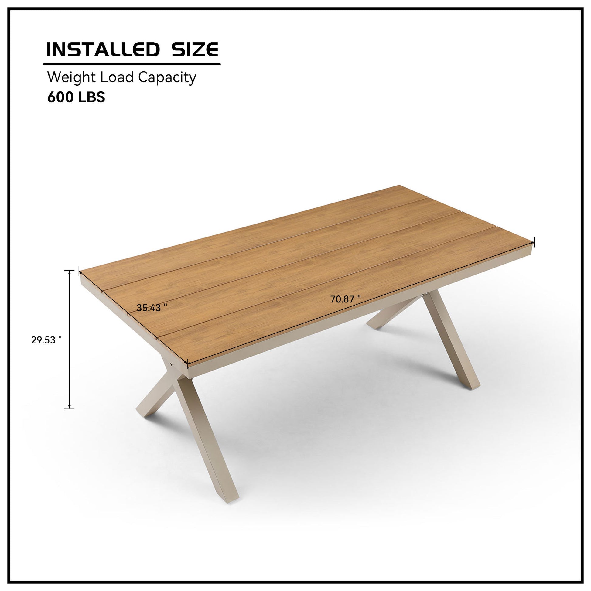 70.87Inch Rectangular Dining Table With X Shape Aluminum Table Leg Metal Base, Teak Light Teak Hdpe