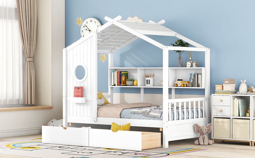 Wooden Twin Size House Bed With 2 Drawers,Kids Bed With Storage Shelf, White Twin White Solid Wood