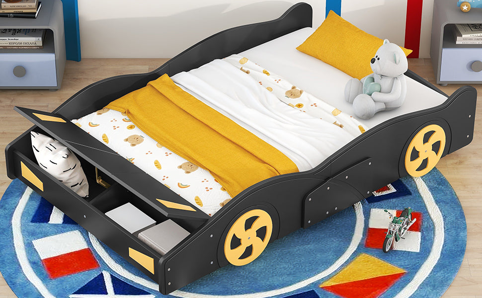 Full Size Race Car Shaped Platform Bed With Wheels And Storage, Black Yellow Box Spring Not Required Full Black Wood Bedroom Bed Frame Solid Wood Mdf
