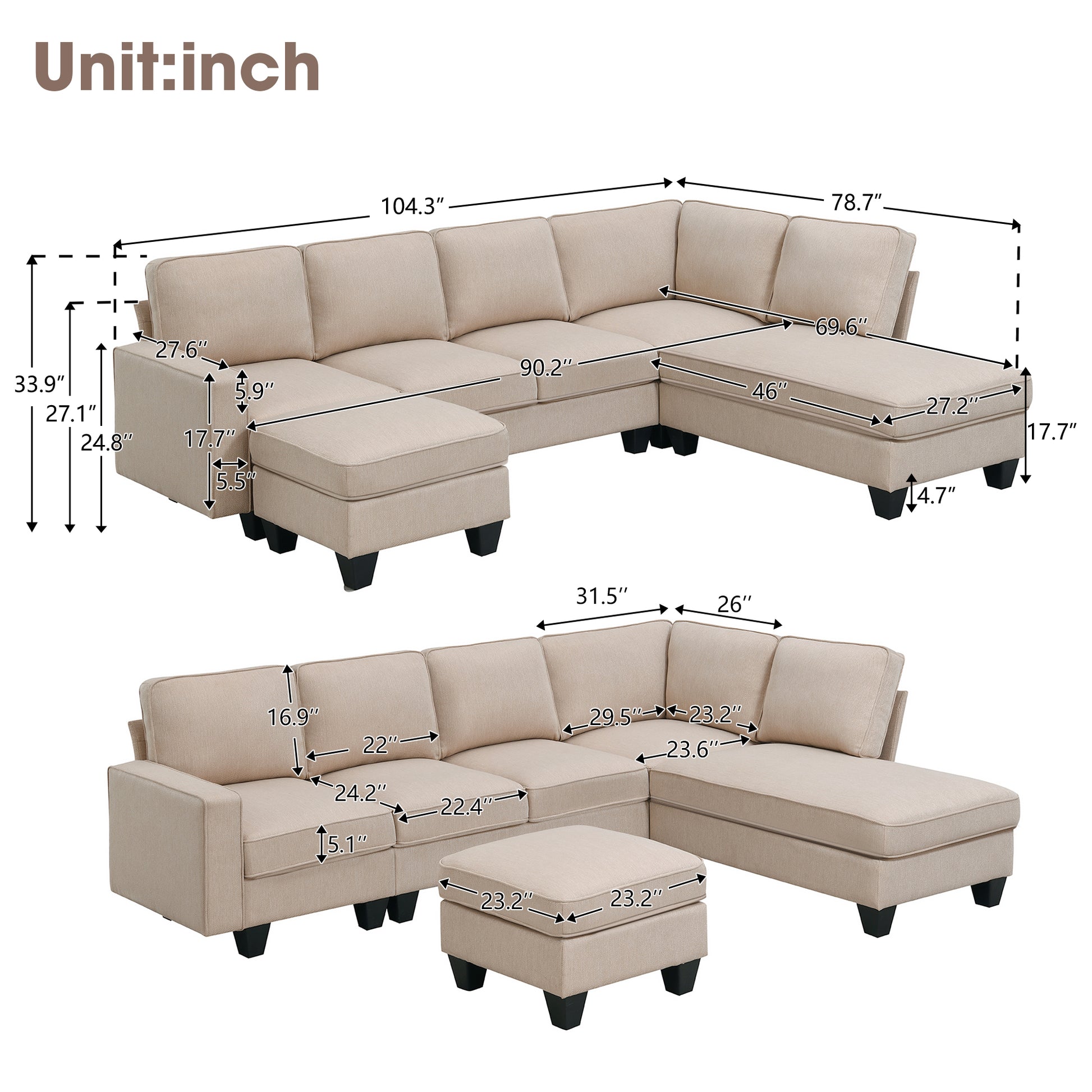 104.3*78.7" Modern L Shaped Sectional Sofa,7 Seat Linen Fabric Couch Set With Chaise Lounge And Convertible Ottoman For Living Room,Apartment,Office,3 Colors Khaki Fabric