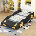 Twin Size Race Car Shaped Platform Bed With Wheels And Storage, Black Yellow Box Spring Not Required Twin Black Wood Bedroom Bed Frame Solid Wood Mdf