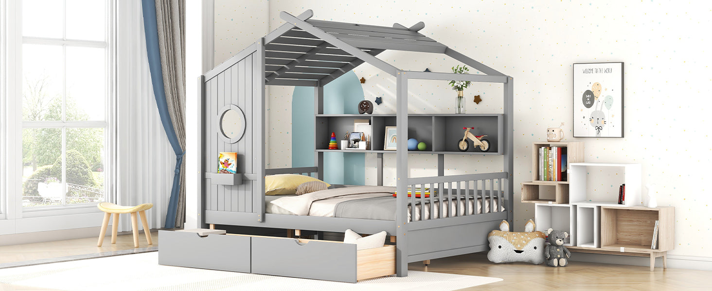 Wooden Full Size House Bed With 2 Drawers,Kids Bed With Storage Shelf, Gray Full Gray Solid Wood