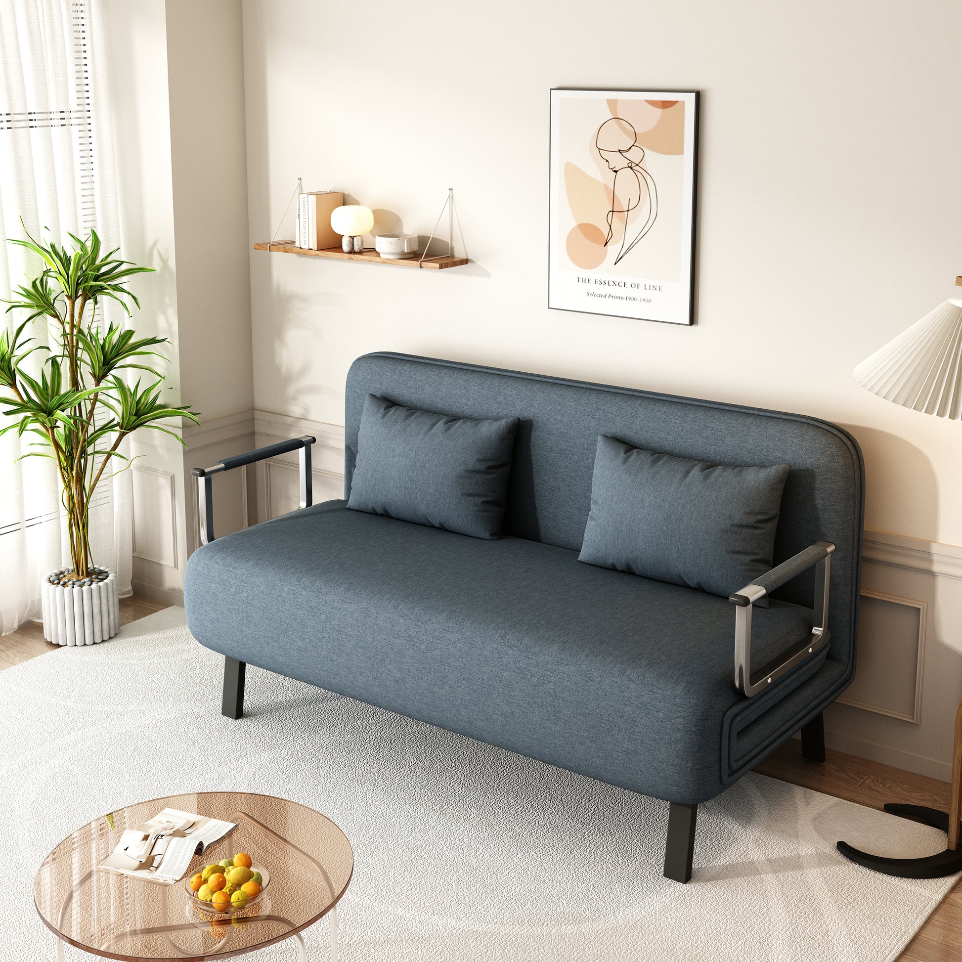 55 Convertible Chair Bed, Tri Fold Sofa Bed With Adjustable Backrest & Pillow, Leisure Chaise Lounge Couch With Sturdy Steel Frame For Home & Office, Comfortable Sleeper Chair Blue Grey Velvet Primary Living Space Contemporary Polyurethane Foam Metal 2